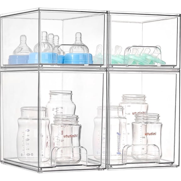 Stackable Storage Drawers Set of 5, Clear Plastic Organizer Bins for Baby Bottle, Beauty Supplies Storage, Ideal for Kichen Countertop, Vanity, Bathroom, Cabinet, Pantry Organization