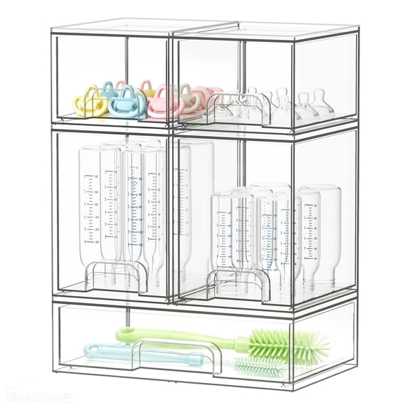 Naeqieo 5Pcs Clear Acrylic Stackable Storage Drawers, Bottle Organizer for Countertop, Under Sink Pull-Out Bins, Ideal for Baby Bottle Storage, Cosmetics, Bathroom, Kitchen Cabinet