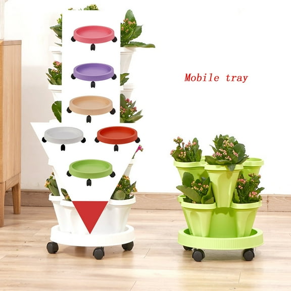 Stackable Strawberry Planter Pot Base | 4-Tier Flowerpot Plant Mobile Chassis with Smooth Wheels • Adjustable Size • Heavy Duty Resin • Indoor Outdoor Mobility – Protects Floors, Space Saving Design