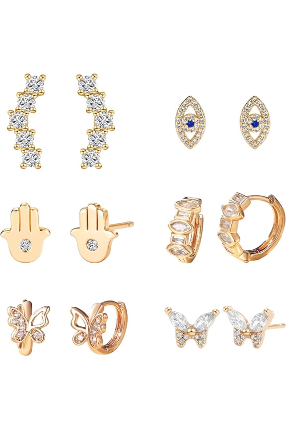 Stackable Stud Earrings Collection 6-Pair Set of Trendy 14K Gold Plated & Hypoallergenic Earrings for Women[c457]