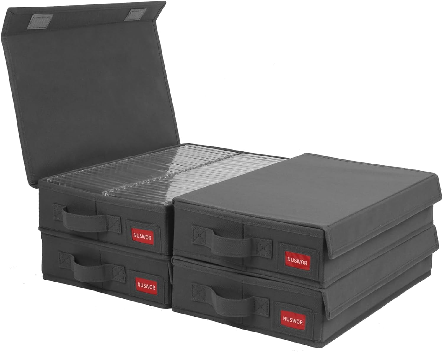 Stackable Tape Storage Boxes - Dust-proof Racks With Lid - Audio Cassette Holder Pack Of 4 Holds 192 Cases 16 34 X 9 25 X 3 4 Inches Grey