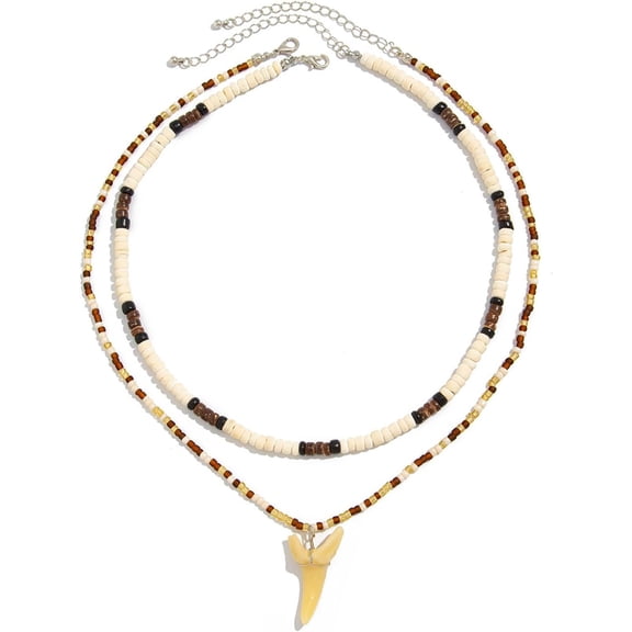Stackable Tooth Statement Necklace for Women,Trendy Layered Puka Shell Coconut Bead Necklaces,Beach Vacation Jewelry Funky Outfit Accessories