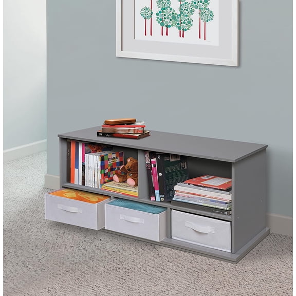 Stackable Toy Storage Organizer - 5-Shelf Modular Unit with 3 Removable Fabric Bins, Solid Panel Construction, Expandable Design for Toys and Crafts - Gray