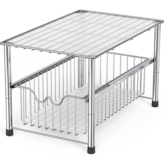 Stackable Under Sink Organizer with Sliding Basket, Adjustable Chrome Kitchen Cabinet Storage Rack