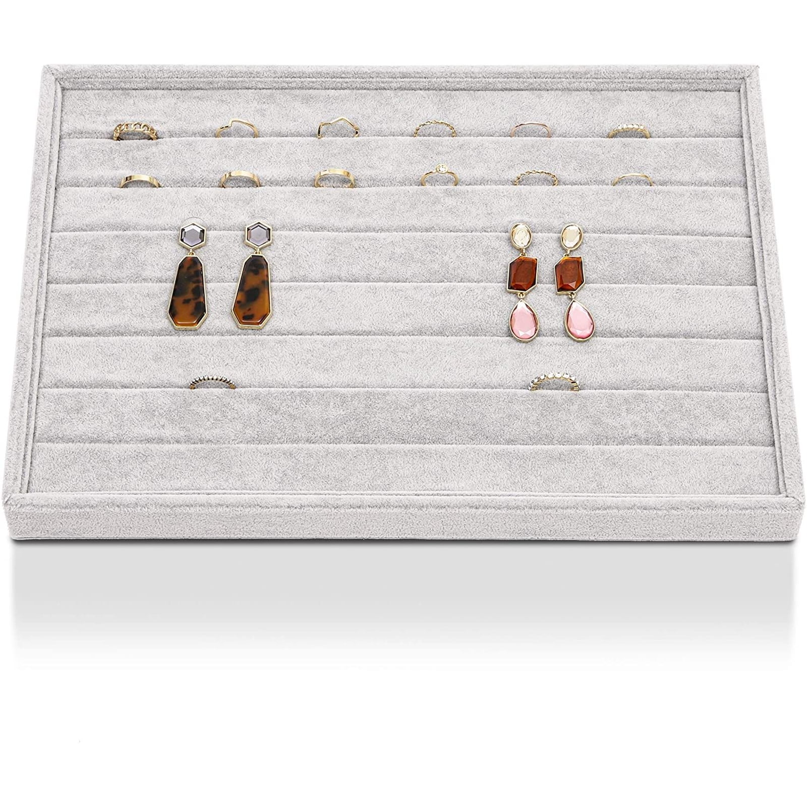 Large Velvet Jewelry Ring Display Tray - Organizer Box For Earrings & Storage