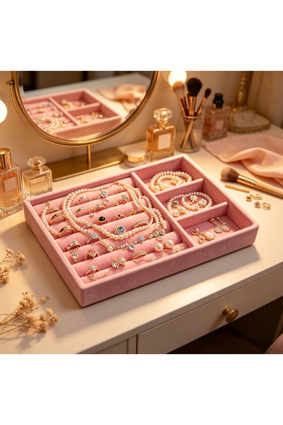 Stackable Velvet Jewelry Tray, Rose Gold Jewelry Organizer, Drawer Insert for Rings Earrings, Necklace Bracelet Storage Box(A)