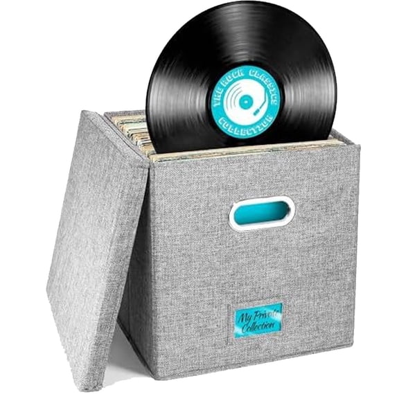 Stackable Vinyl Record Organizer, Record Album Storage Box Holds 50+ LP Records, Plastic LP Storage Case with Lid, Vinyl Record Moving Case for Home or Travel, Gray
