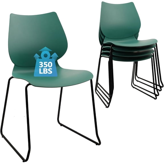 Stackable Waiting Room Chair, Stacking Office Chair with Ergonomic Lumbar Support and Metal Legs, Plastic Desk Chairs for Conference School Church Guest Reception Set of 4, Green