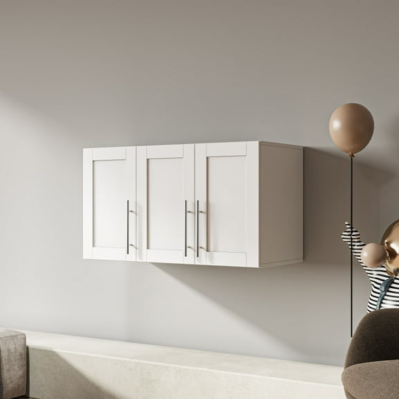 Stackable Wall Cabinet, Hanging Wall Mount Storage Cabinet with Adjustable Shelves and Doors, Sideboard Buffet Cupboard, Console Table, White Wood Finish, 15.75 "D x 35.43" W x 19.69 "H