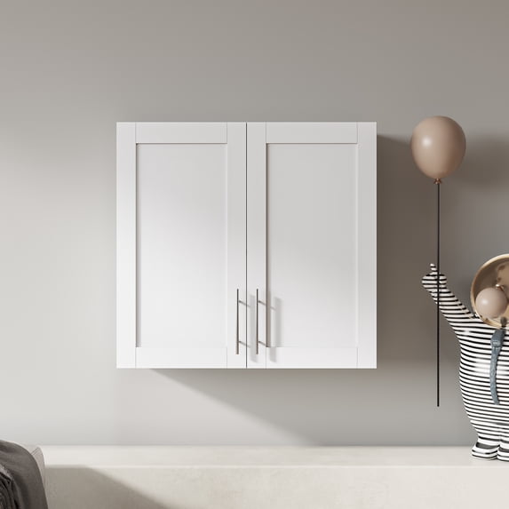 Stackable Wall-Mounted Storage Cabinet, 31.5"W x 29.9"H, White | Adjustable shelves and versatile design for kitchen, laundry, or bath