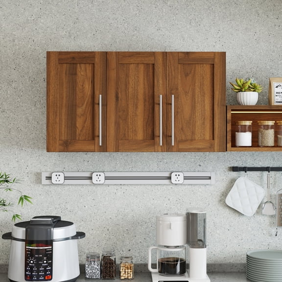 Stackable Wall Mounted Storage Cabinet, 35.43" W x 15.75" D x 19.69" H, Walnut Finish with Adjustable Shelves, Overhead Storage for Garage Laundry Room Home Office