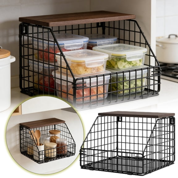 Stackable Wall Mounted Wire Basket Fruit Basket with Wood Lid 12"*8"- Kitchen Pantry Organization and Storage, Hanging Storage Basket for fruits, Onion, Potato, Produce, Vegetable