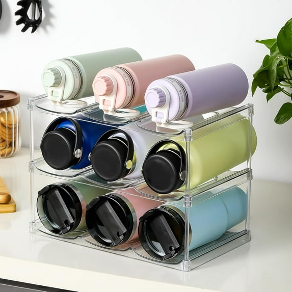 Stackable Water Bottle Organizer Holder - 3 Tier Clear Plastic Rack for Large Tumblers, Cabinet Countertop Fridge Storage