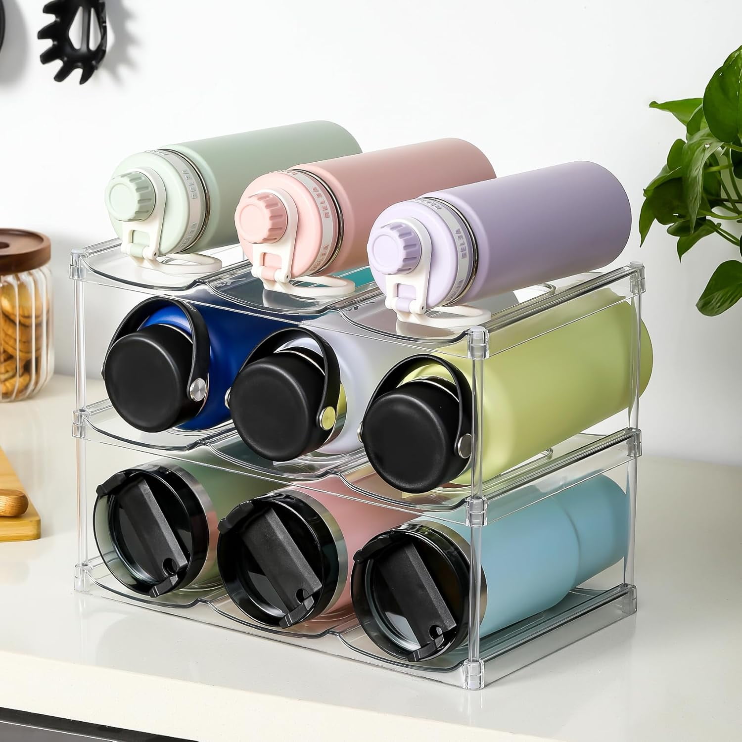 Stackable Water Bottle Organizer Holder - for Stanley & Others' Large Tumbler - Clear Wine Rack, Cup Bottle Holder for Cabinet Home Countertop Fridge Pantry Shelf