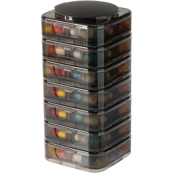 Stackable Weekly Pill Organizer with Detachable Box, Rainbow Color Coded 7 Day Pill Cases, 1 Times, 2 Times, 3 Times, 4 Times Travel Pill Box with Customizable Compartments (Black)