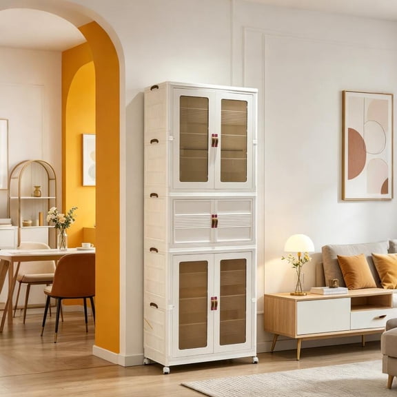 Stackable White Plastic Storage Cabinet With Drawers Semi-Transparent Doors Modular Organizer Tower For Living Room Bedroom Bathroom Kitchen Narrow Space Organizer,Apricot