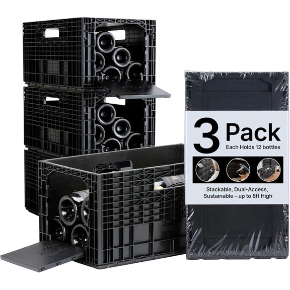 Stackable Wine Storage Crates Modular System, 12 Bottle Capacity per Crate, Dual Access Horizontal Wine Rack Organizer | Recycled Plastic for Cabinet, Cellar & Home Bar, Set of 3