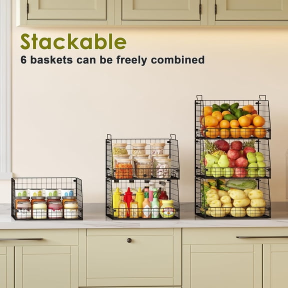 Stackable Wire Baskets for Pantry, 6-Pack Metal Storage Bins for Kitchen Snack Fruit Vegetable Organization
