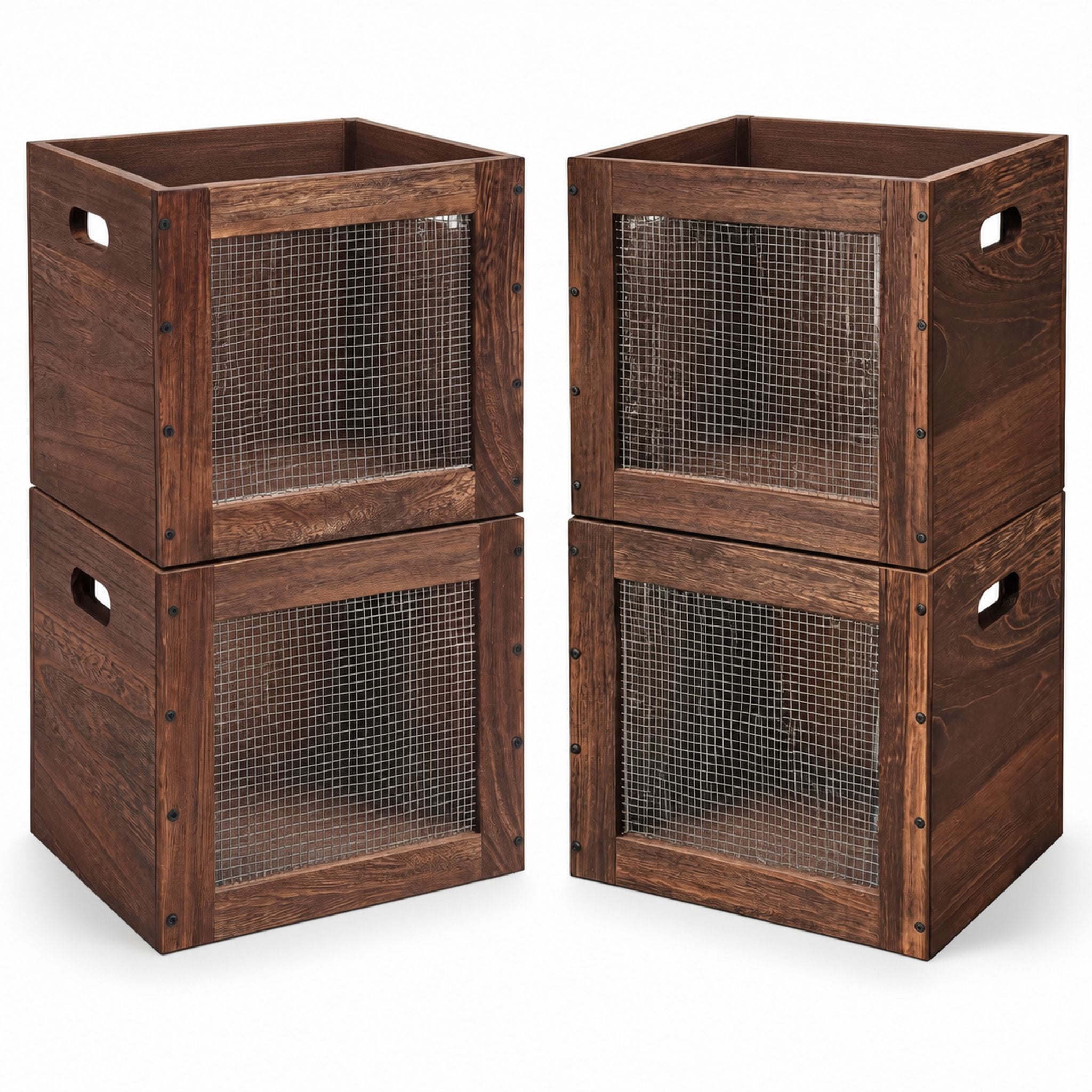 Metal Kitchen Stackable Storage Bins Stackable Wood Storage Bins with Metal Wire Handles, 4 Pack, Brown ...