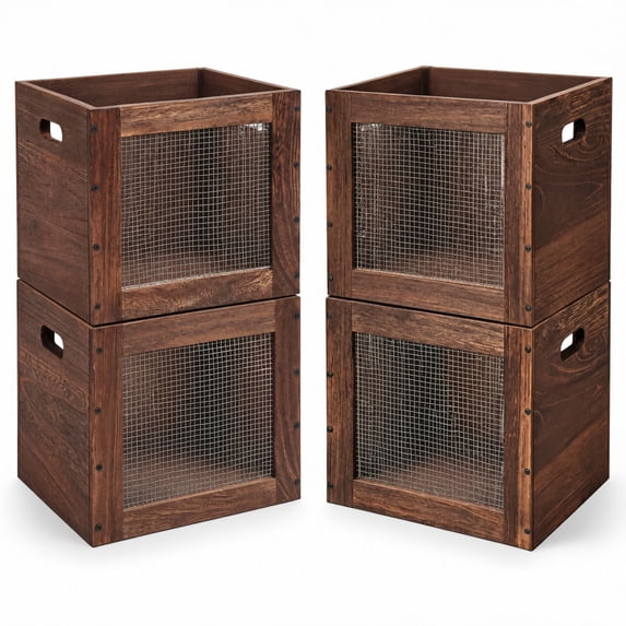 Stackable Storage B Stackable Wood Storage Bins with Metal Wire Handles, 4 Pack, Brown ...