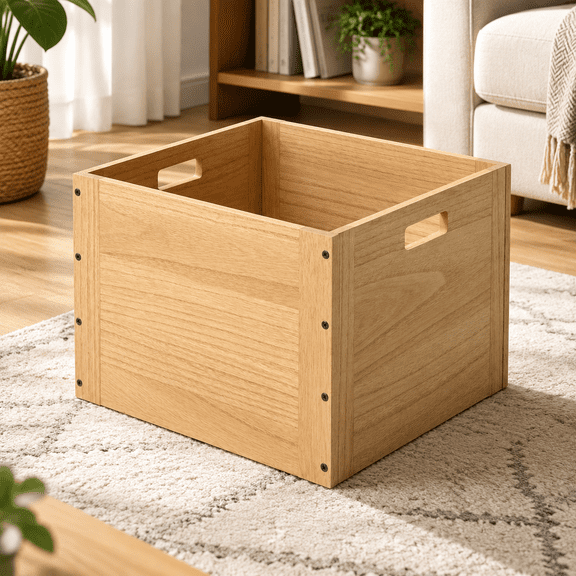 Stackable Wood Storage Cube with Handles, Open Crate Bin, Natrual