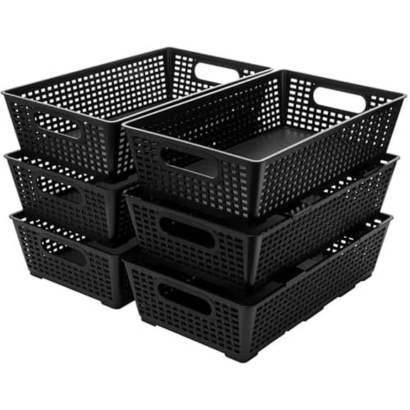 Stackable Woven Plastic Basket, Storage Bins for Cabinet, Closet, Shelf, Under Sink and Countertop, Pantry Organizer Bins, 6 Pack