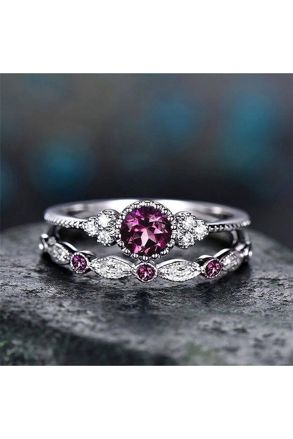 Stackable Zircon Rings Set, ZzCityTK Elegant Ladies' Couple Jewelry 2-in-1 Combination Wear, Alloy Gemstone Rings Size 6-10 for Gifts Occasions with Rhinestone Inlay, Purple