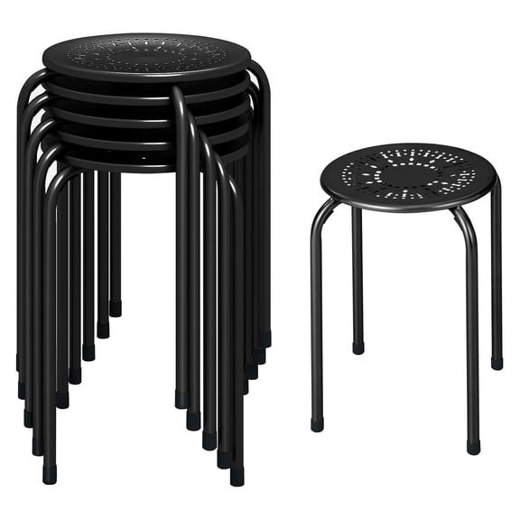 Stackable metal stools, 6-pack, 17.5-inch backless nesting with a round seat, powder-coated frame, home, office, study space, flexible seating, black