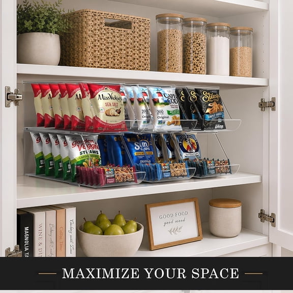 Stackable snack storage box, transparent, suitable for potato chips, snacks, and food bags, kitchen storage box, front-open design