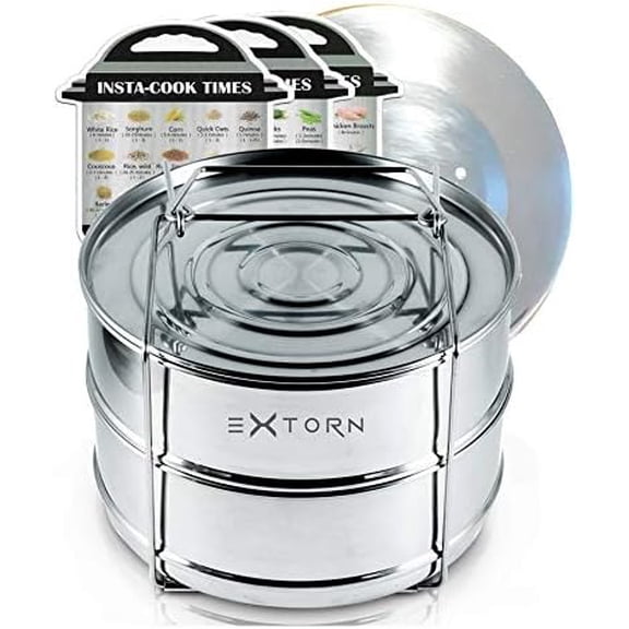 Stackable stainless steel steamer inserts for Instant Pot 6/8 qt, for multi-level cooking and baking.