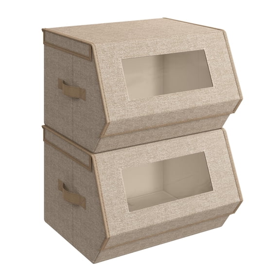 Stackable storage box set, with lid and front window, made of non-woven fabric, featuring magnetic closure mechanism and side handles
