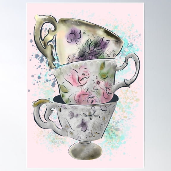 Stacked Antique Teacups Poster Wall Art, Modern Wall Decor For Living Room Bedroom, 12x18 UNFRAMED