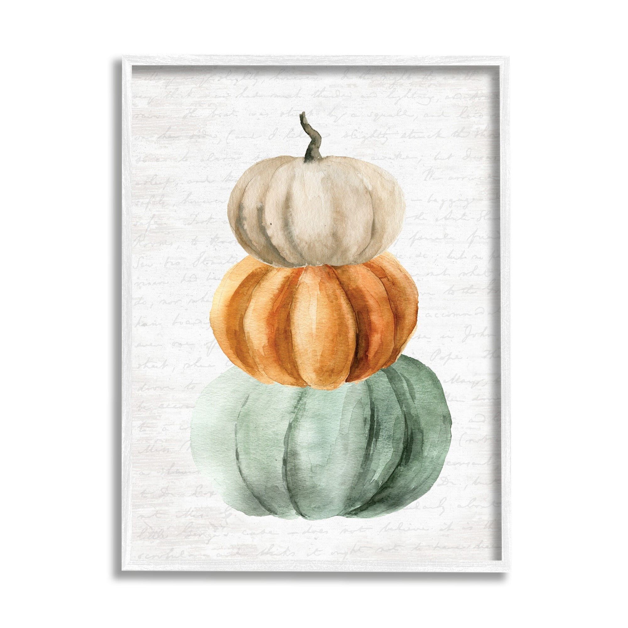 Stacked Autumn Fall Pumpkins Cursive Words Background Botanical & Floral Painting Framed Art Print Wall Art