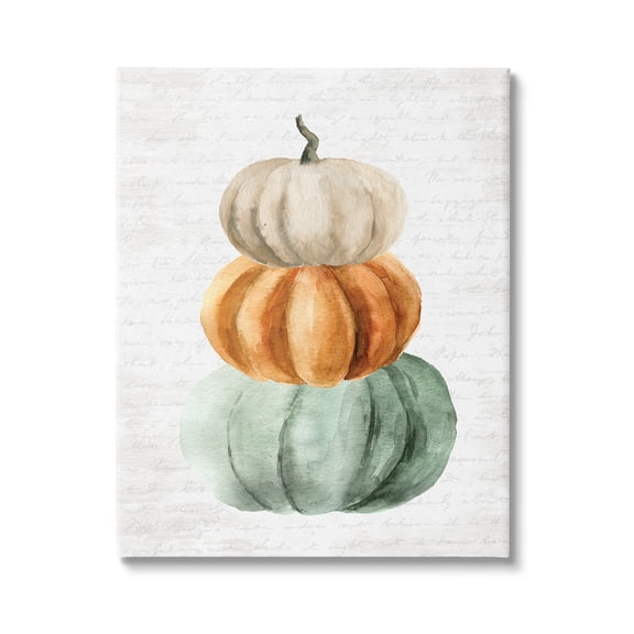 Stacked Autumn Fall Pumpkins Cursive Words Background Botanical & Floral Painting Gallery-Wrapped Canvas Print Wall Art