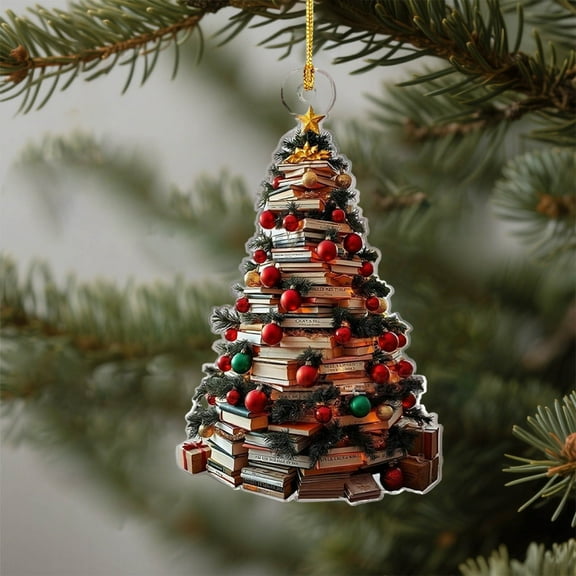 Stacked Book Pendants Christmas Acrylic Keychains For Holiday Tree Ornaments, Bookshelf Decoration, Diy Craft Accessories With Lifelike Library Design