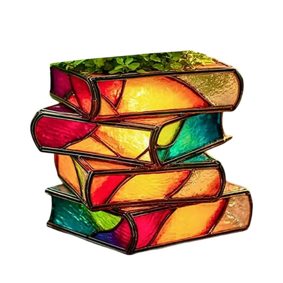 Stacked Books Flower Pot Decorative Book-Shaped Resin Vase for Home Bedroom Rainbow Coloured Planter Ideal for Teachers and Gardeners