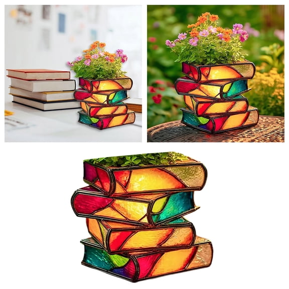 Stacked Books Flower Pot Decorative Resin Planter Vase Unique Home Bedroom For Teacher Gardener