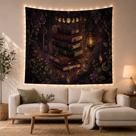 Stacked Books with Lantern and Moon Phases, Mystical Fantasy for Book Lovers, Whimsical Wall Art, Housewarming Gift, Tapestry Wall Hanging for Study Room and Bedroom
