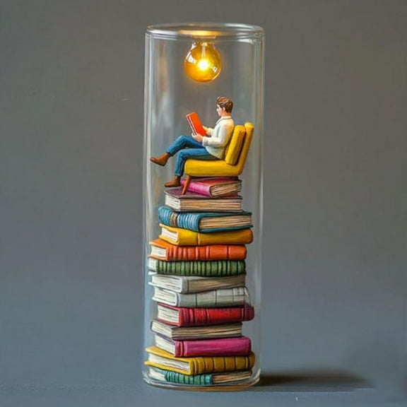 Stacked Books Reader Night Light Eye-Caring Reading Lamp with Glass Dome for Bookshelf, Bedroom, or Office Gift for Book Lovers
