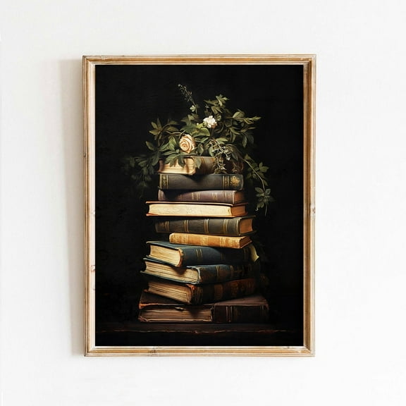 Stacked Books With Cream Roses Art Print Poster Wall Decor Canvas Art Prints Painting Picture Artwork Home Bedroom Christmas Decoration No Frame