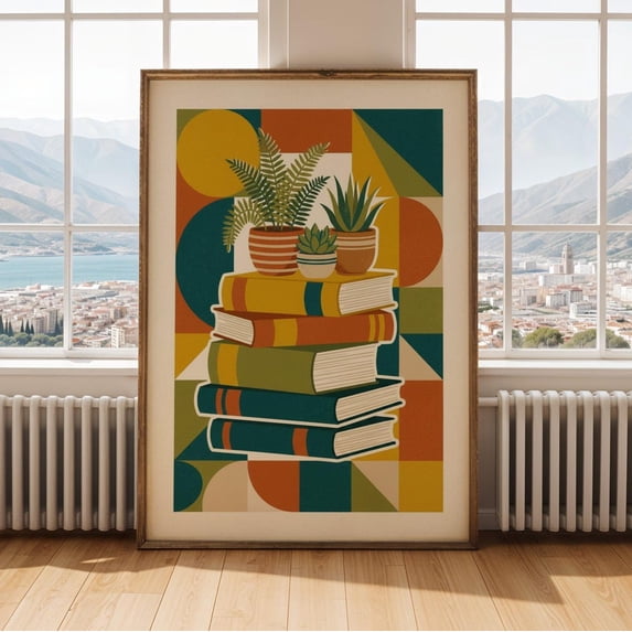 Stacked Books With Potted Plants Poster, Modern Flat Design, Teal And ...