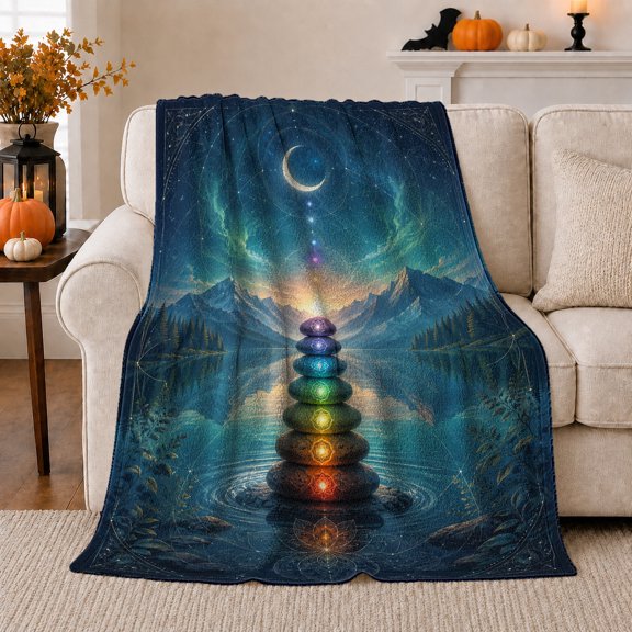 Stacked Chakra Stones under Moon, Peaceful Celestial Style for Meditation Lovers, Mountain Lake Wellness Scene and Thank You Gift, Cozy Flannel Blanket for Bedroom and Reading Nook, Home Decor