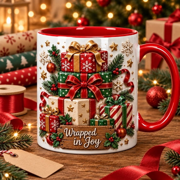 Stacked Christmas Presents Ceramic Coffee Mugs Festive Holiday Hostess Gift