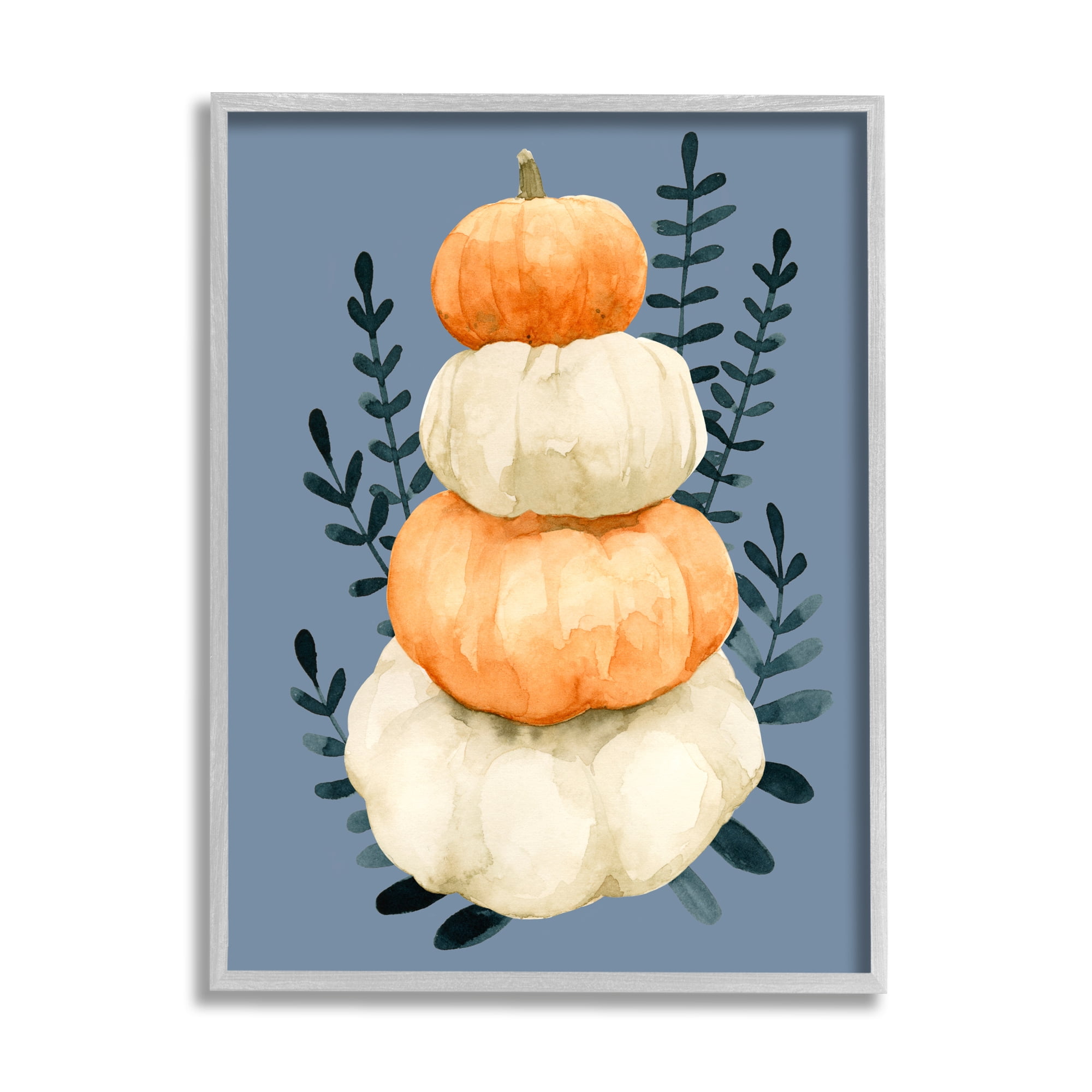 Stacked Fall Pumpkins Botanical Leaves Blue Background Botanical & Floral Painting Framed Art Print Wall Art