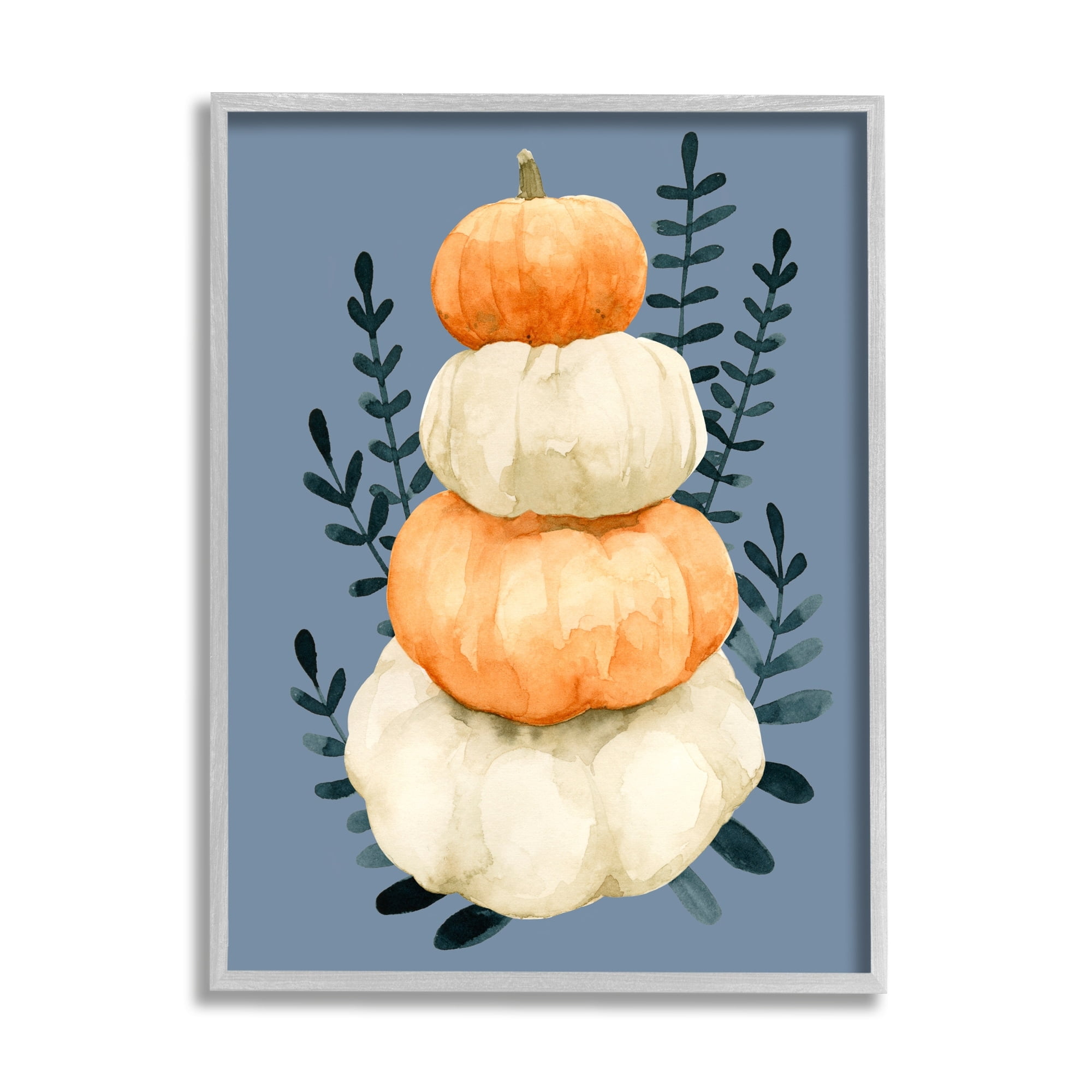 Stacked Fall Pumpkins Botanical Leaves Blue Background Botanical & Floral Painting Framed Art Print Wall Art