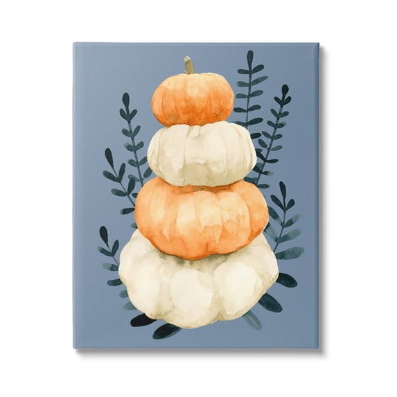 Stacked Fall Pumpkins Botanical Leaves Blue Background Botanical & Floral Painting Gallery-Wrapped Canvas Print Wall Art
