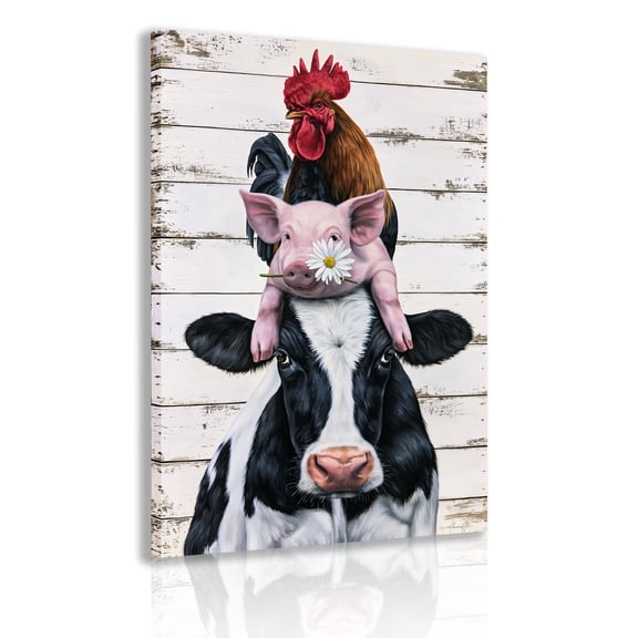 Stacked Farm Animals Framed Canvas Wall Art — Fun Prints of a Cow, Pig, and Rooster Chick, Perfect for Rustic and Farmhouse-Style Decor