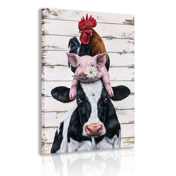 Stacked Farm Animals Framed Canvas Wall Art — Fun Prints of a Cow, Pig, and Rooster Chick, Perfect for Rustic and Farmhouse-Style Decor