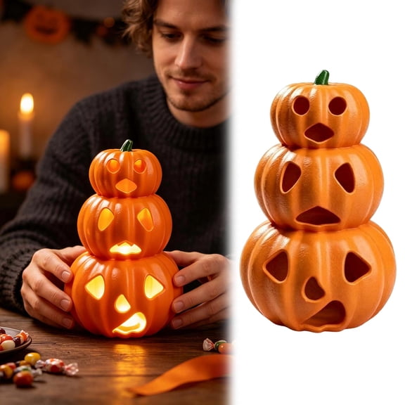 Stacked Hollow Pumpkin Statue 3 Tier Jack O Lantern Ornament Fall Halloween Tabletop Mantel Home Decor