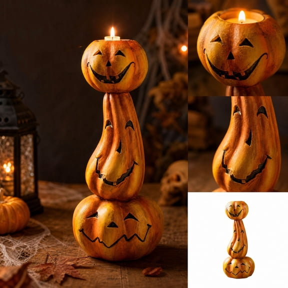 Stacked Jack O Lantern Candle Holder with Carved Smiling Faces, 1 Piece, Orange and Yellow, for Indoor Table Mantel, Halloween Decoration